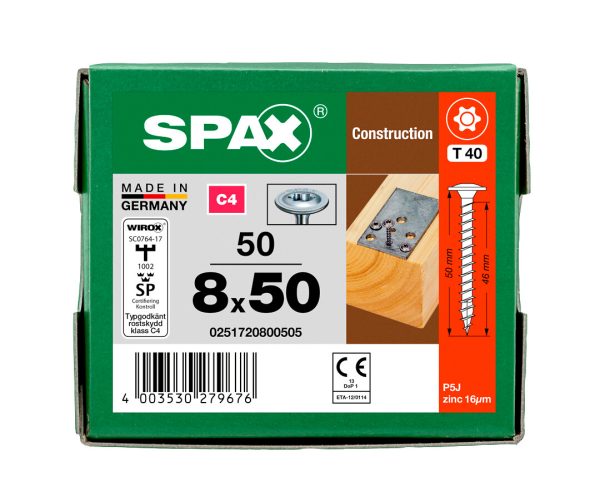 SPAX Puuruuvi 8X50 WIROX C4 (LITTEÄKUPU)